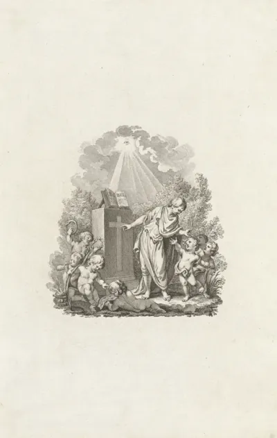 Jongen en putti rond een altaar met de Bijbel