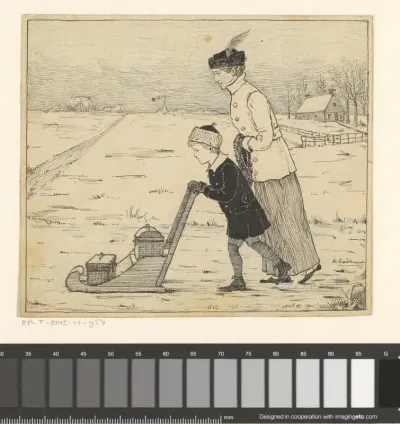 Jongen en vrouw met slee op het ijs