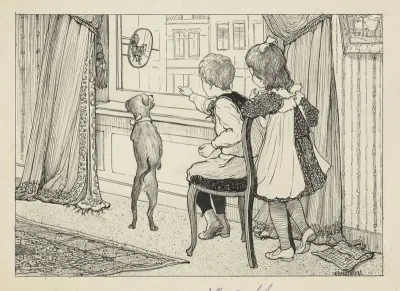 Jongen, meisje en hond bij een venster