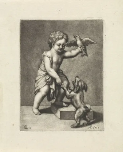 Jongen met een hond en een vogel