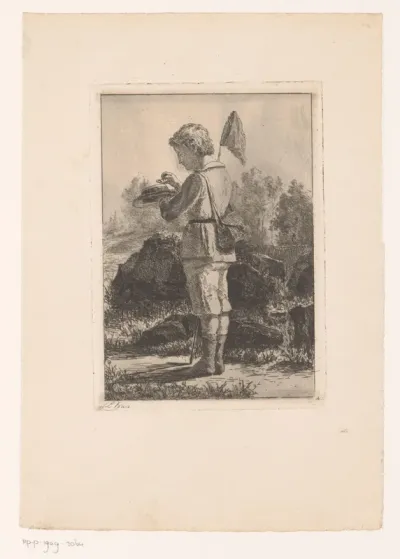Jongen met een vlindernet steekt een vlinder op zijn hoed