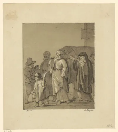 Jongen met fakkel en mannen die een doodskist dragen