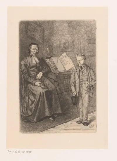 Jongen met hoed in de hand staat voor een leraar
