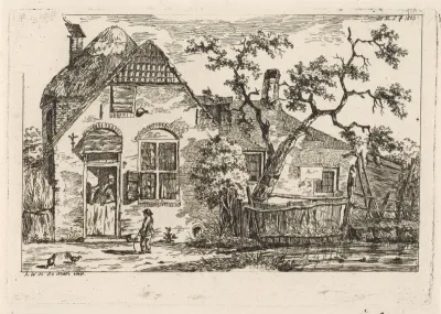 Jongen met hoepel bij een boerderij