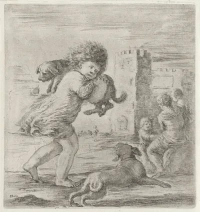 Jongen met hond over zijn schouder