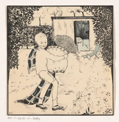 Jongen met kussens en deken in een tuin