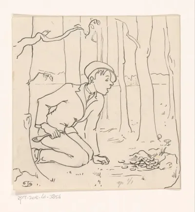 Jongen met lepel tussen de bomen