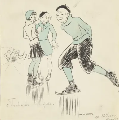 Jongen schaatsend langs twee meisjes