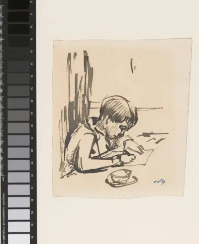 Jongen schrijvend aan een tafel
