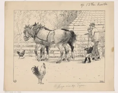 Jongen trekt aan de teugels van twee paarden