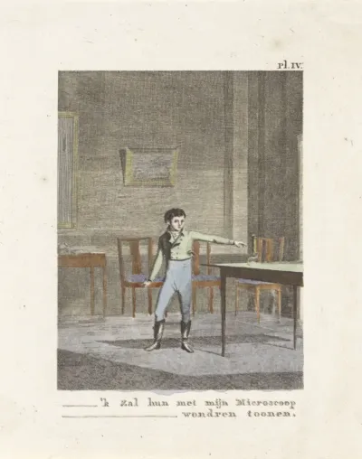 Jongen wijst naar een microscoop op een tafel