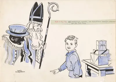 Jongen wijst naar Sinterklaas en Piet