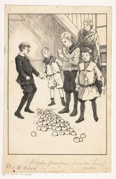 Jongens bij een wintervoorraad appels