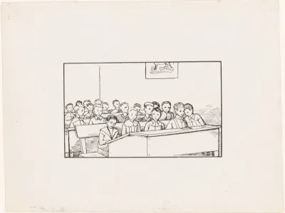 Jongens in schoolbanken in een klas