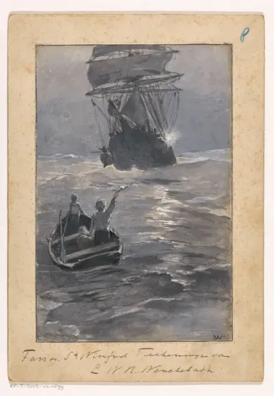 Jongens seinen naar een schip vanaf een zinkende roeiboot