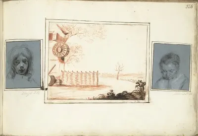 Jongenshoofd, boerenerf en portret van een vrouw