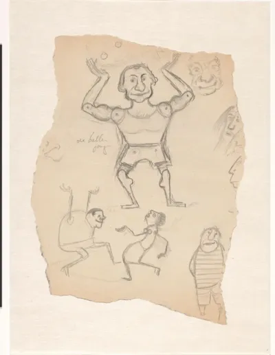 Jonglerende man, een dansend paar en een staande figuur