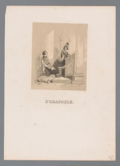Jonkvrouw en jongeman geknield in een kapel