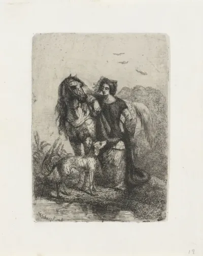 Jonkvrouw met paard en hond
