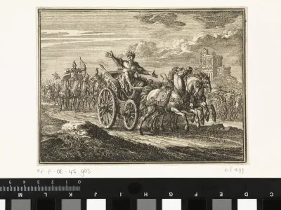 Joram op zijn wagen wordt door Jehu doorschoten