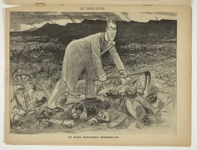 Joseph Chamberlain staat met hak in zijn handen op dode oorlogsslachtoffers