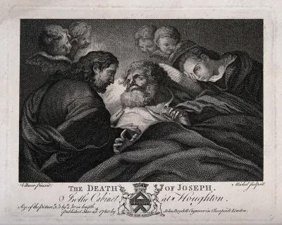 Joseph dies attended by Jesus and Mary