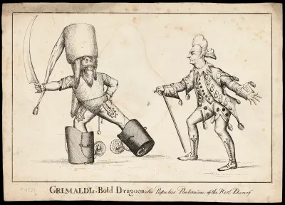 Joseph Grimaldi dressed as a hussar standing before another actor in a clown's costume in a scene from the pantomime, Red Dwarf