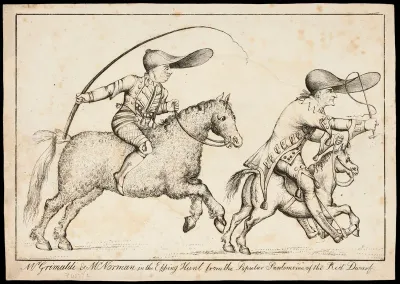 Joseph Grimaldi rides on horseback behind Richard Norman astride a tiny horse in a hunting episode of the pantomime, Red Dwarf