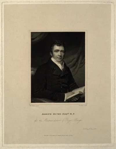 Joseph Hume. Line engraving by R. Newton, 1821, after W. J. Newton