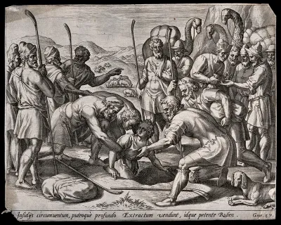 Joseph is dragged from the pit and sold by his brothers to a company of passing Midianites