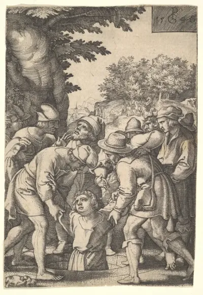 Joseph lowered into a well by his brothers, from "The Story of Joseph"