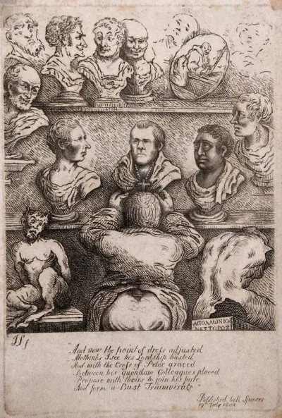 Joseph Nollekens arranges a bust of William Wyndham Grenville, Baron Grenville, between busts of William Pitt the younger and Charles James Fox, in a display of sculptures