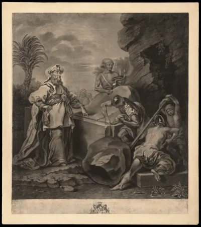 Joseph of Arimathea watches as Roman soldiers roll a stone in front of Christ's tomb