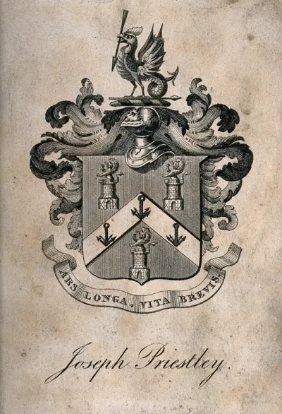 Joseph Priestley: coat of arms decorated with anchors and lions and surmounted by a cockerel