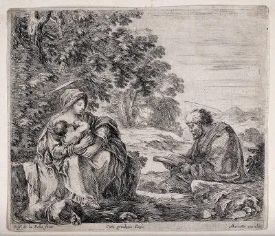Joseph reads from the Bible while the Virgin Mary breast feeds Jesus