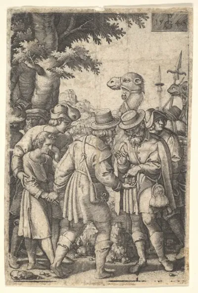 Joseph sold to the merchants: a bearded man grasping Joseph with his left hand receives coins in his right hand, from "The Story of Joseph"
