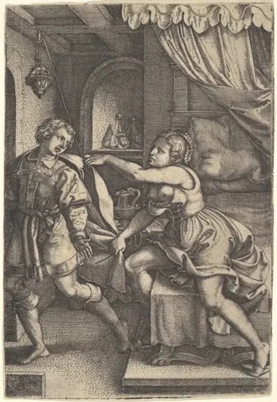 Joseph strides away from Potiphar's wife, who clutches his cloak with both hands as she straddles the corner of a bed, from "The Story of Joseph"