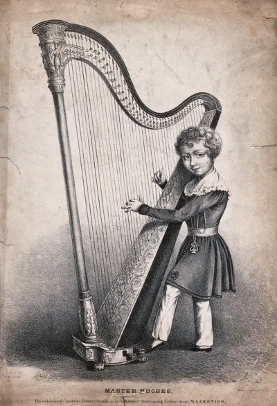 Joseph Tudor Hughes, a boy musician, playing the harp