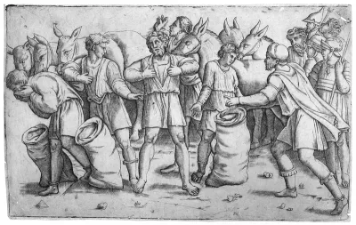 Joseph's cup found in Benjamin's sack from the biblical story of Joseph (Genesis 44); a scene with soldiers, mules and various figures