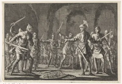 Josephus na de verovering van Jotapata met 40 metgezellen in een grot