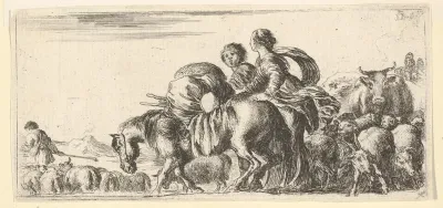 Journey of Jacob and Rachel to the land of Canaan, Rachel directs a horse towards the left, various other animals follow