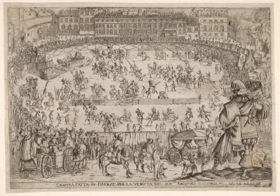 Joust held in Florence for the arrival of the archduke of Austria, an oval arena with many horsemen and pedestrians, spectators in carriages in the foreground, a row of houses at center in the background, from "Combattimento e balletto a cavallo"