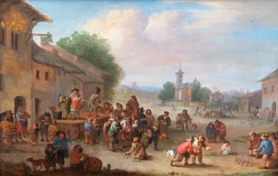 Joyous village scene with a quack selling his goods and children playing