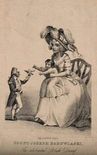 Joźef Boruwlaski, a dwarf (with his wife and child?)