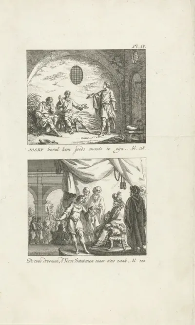 Jozef legt de dromen uit van de schenker en de bakker, en Jozef verklaart de dromen van de farao