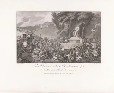 Jubileum van de bestorming van de Tuilerieën met mogelijk Marie-Jean Hérault de Séchelles bij de Fontaine de la Régénération
