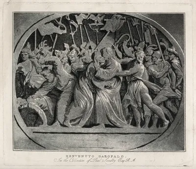 Judas kisses Jesus under a forest of flags, spears and lanterns; Peter cuts off the ear of Malchus