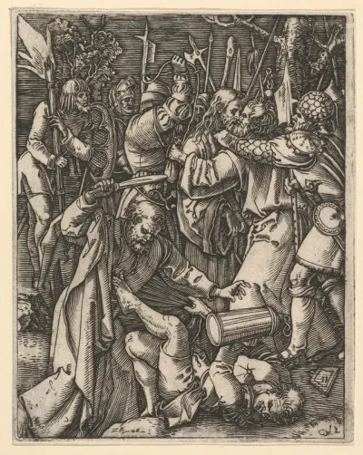 Judas kissing Christ surrounded by soldiers; St Peter attacking Malchus in foreground, from "The Passion of Christ", after Dürer