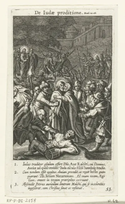 Judas verraadt Christus met een kus en soldaten nemen hem gevangen