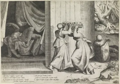 Judit en haar dienstmaagd stoppen het hoofd van Holofernes in een zak